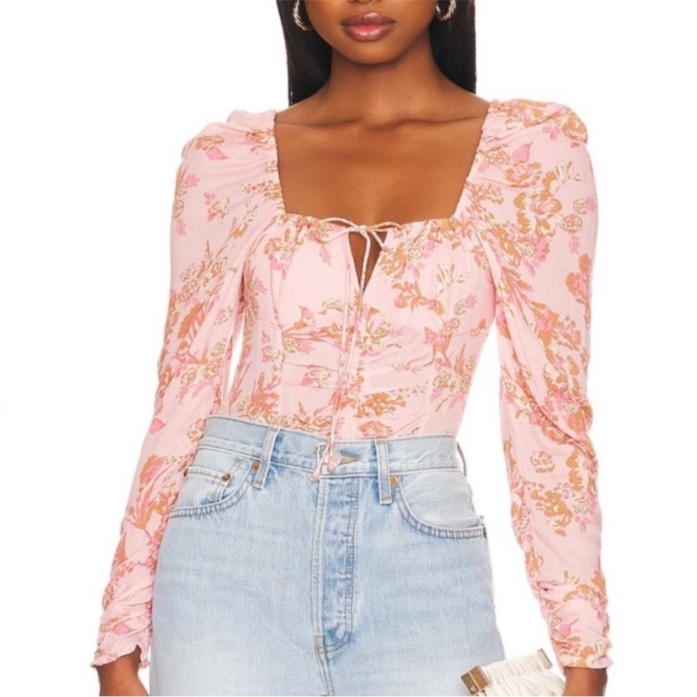 Free People Pink Floral Long-Sleeve Square-Neck Blouse